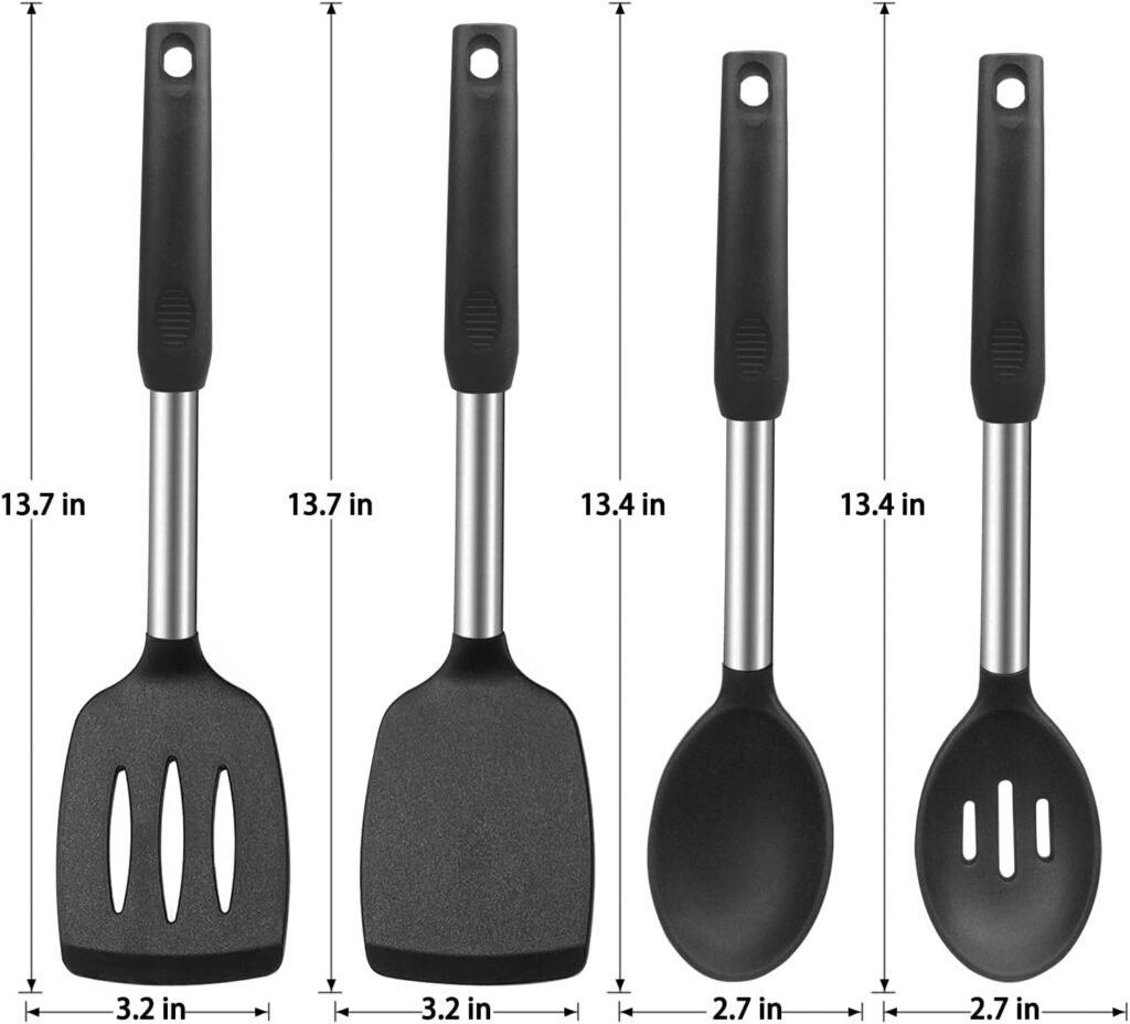 Silicone Cooking Spatulas and Spoons, 4 Pack Heat Resistant Silicone Cooking Utensils Set, Non Stick Large Kitchen Silicone Spatula and Spoons for Cooking, Mixing, Serving, Draining, Black