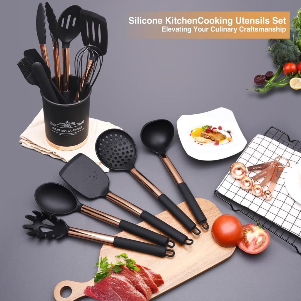 Silicone Cooking Utensils Set, 17Pcs Silicone Kitchen Utensils Set, Non-Stick Silicone Utensils for Cooking, Heat Resistant Cooking Utensil Sets, Rose Gold Kitchen Accessories