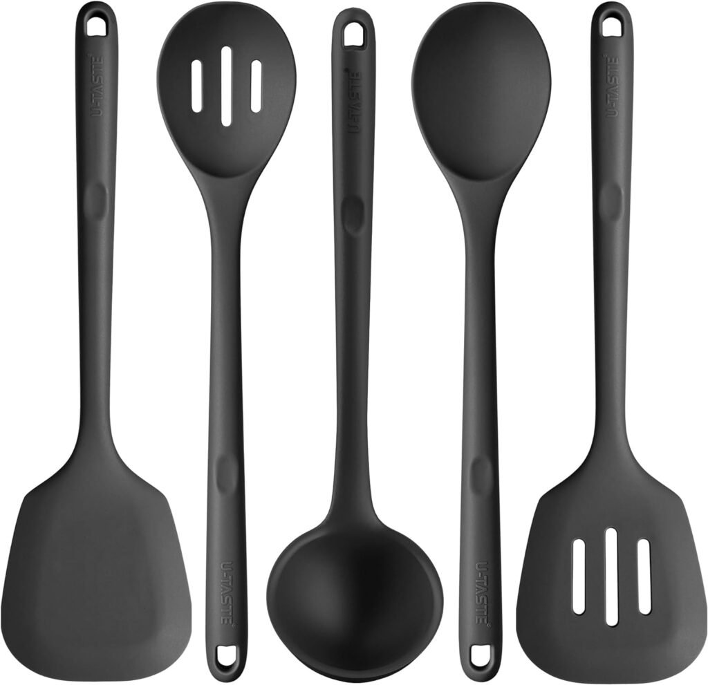 Silicone Kitchen Cooking Utensil Set: U-Taste High Heat Resistant 13.6in Long Kitchen Gadgets, BPA Free Non Stick Rubber Cook Accessories For Stir Frying, Serving, Basting, Mixing (5 Pieces, Black)