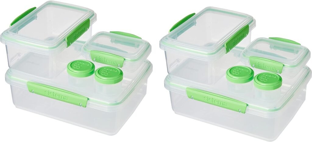 Sistema 10 Piece Food Storage Containers with Salad Dressing and Condiment Containers and Lids for Meal Prep, Dishwasher Safe, Clear/Green