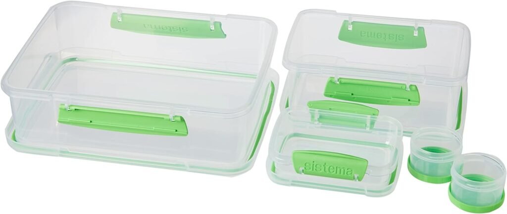 Sistema 10 Piece Food Storage Containers with Salad Dressing and Condiment Containers and Lids for Meal Prep, Dishwasher Safe, Clear/Green