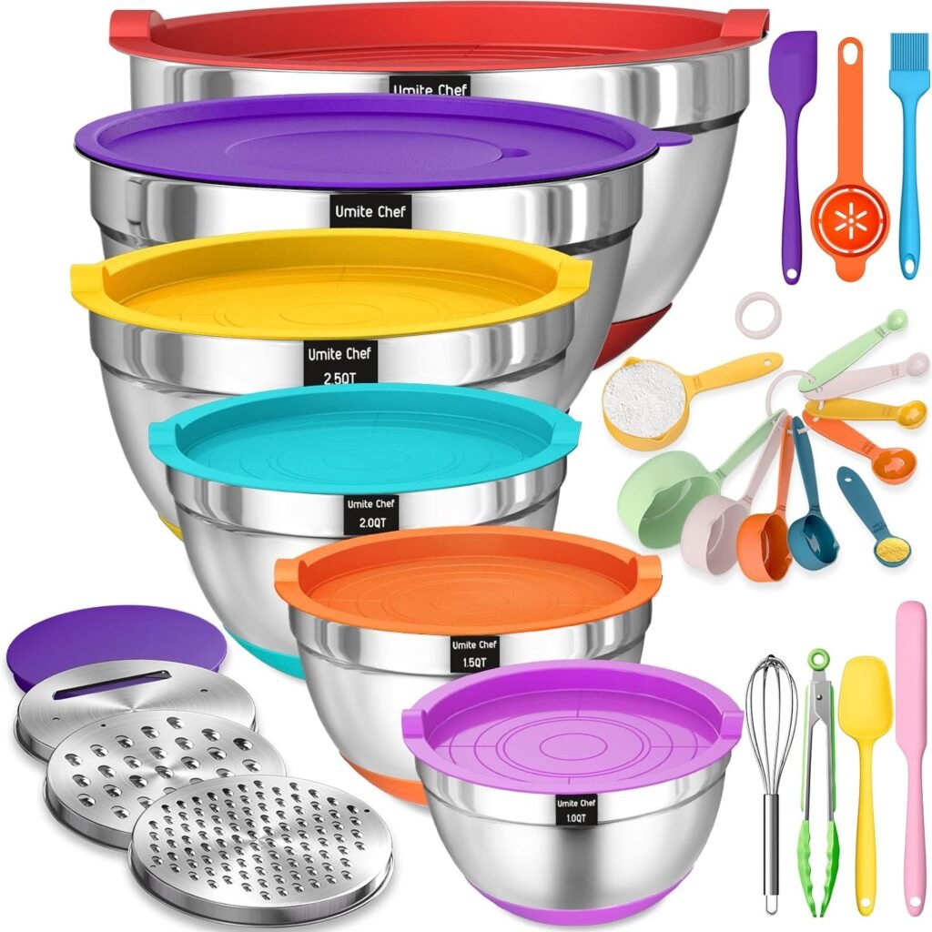 Umite Chef Mixing Bowls with Airtight Lids, 26Pcs Stainless Steel Bowls Set, 3 Grater Attachments  Black Non-Slip Bottoms Size 7, 4, 2.5, 2.0,1.5, 1QT, Great for Mixing  Serving