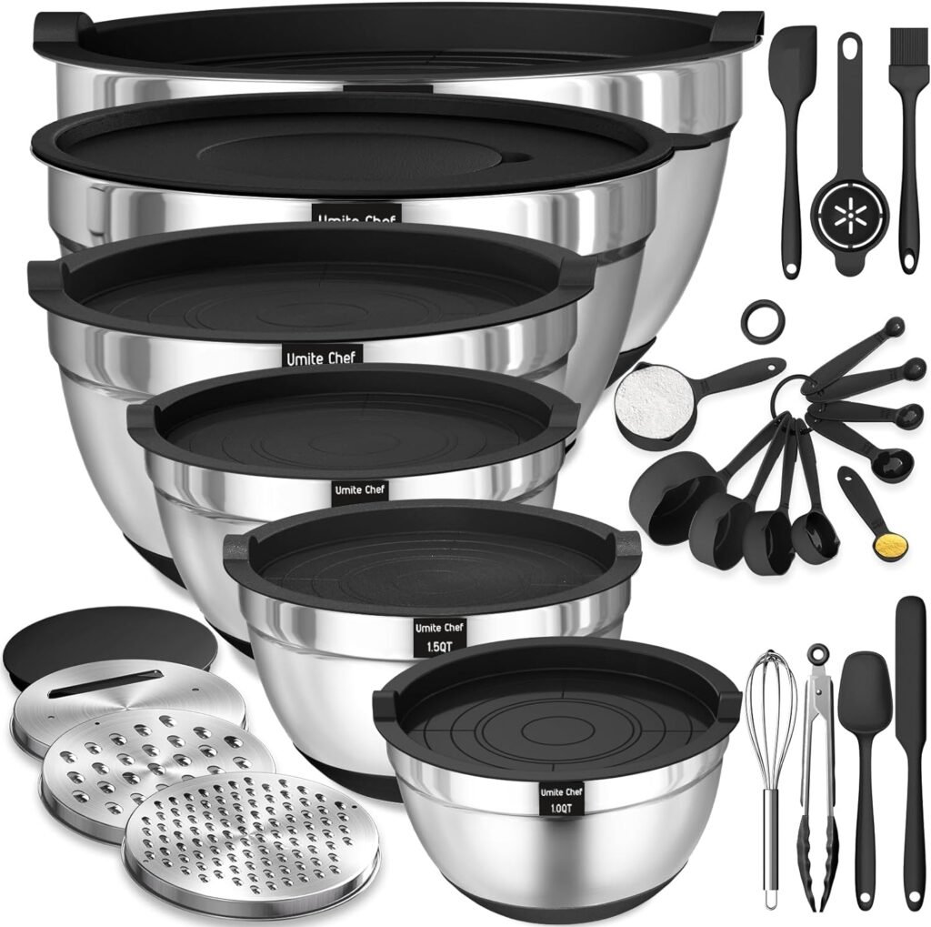 Umite Chef Mixing Bowls with Airtight Lids, 26Pcs Stainless Steel Bowls Set, 3 Grater Attachments  Black Non-Slip Bottoms Size 7, 4, 2.5, 2.0,1.5, 1QT, Great for Mixing  Serving