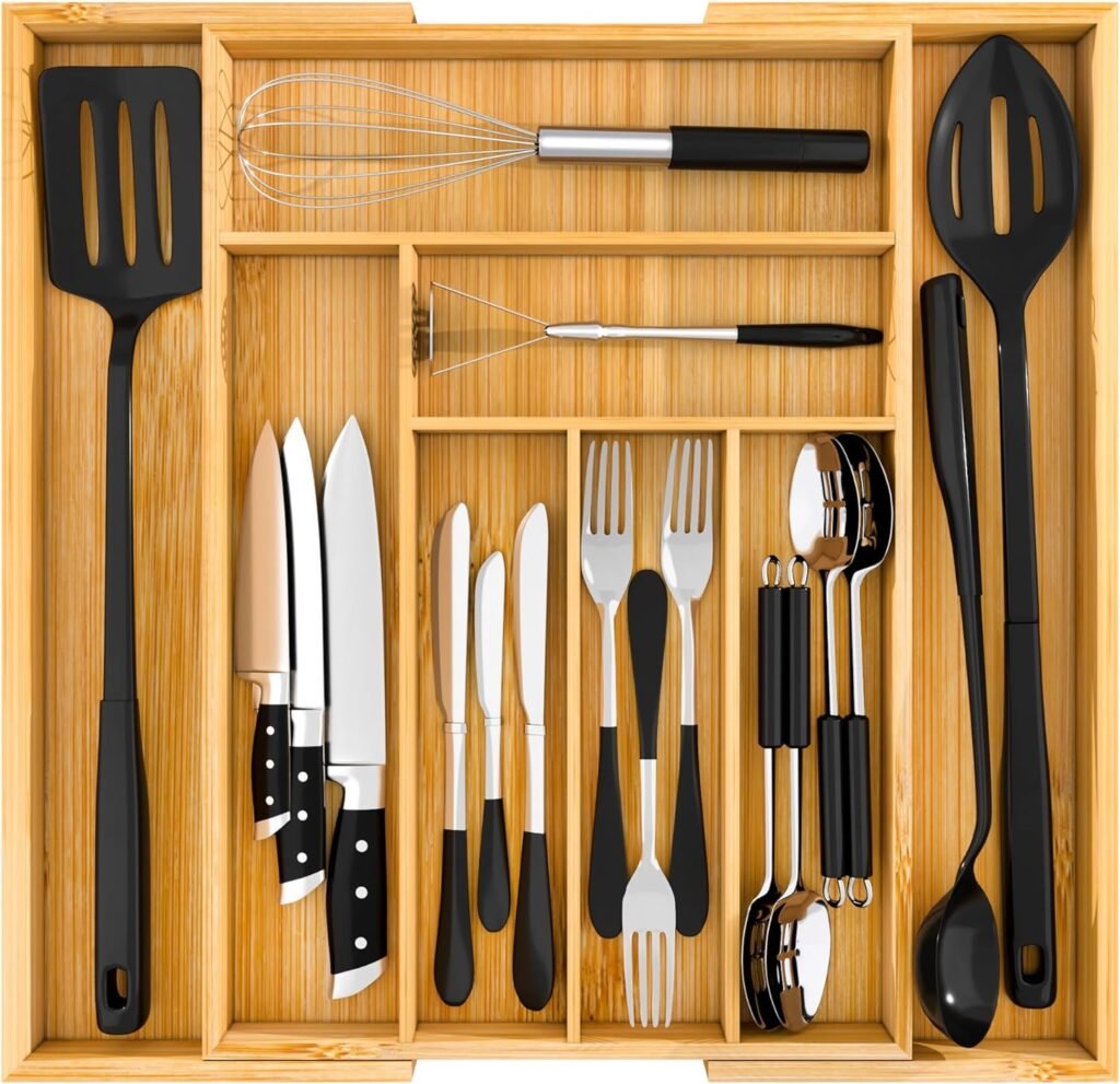 Utopia Kitchen Expandable Bamboo Drawer Organizer for Kitchen Utensils, Flatware, and Cutlery - Silverware Holder and Tray