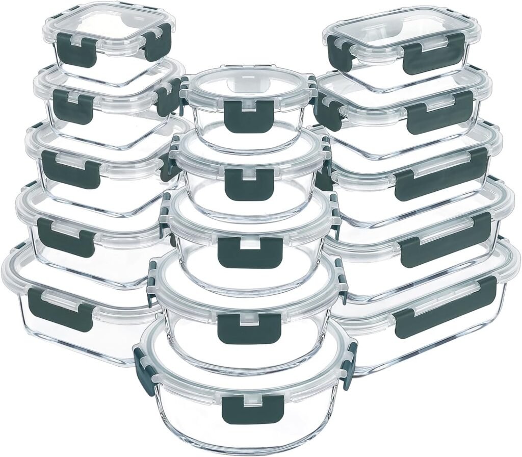 VERONES 30 Pieces Glass Meal Prep Containers Set, Airtight Glass Lunch Containers, Stackable Glass Food Storage Containers with Lids, for Microwave, Oven, Freezer  Dishwasher Friendly,Gray