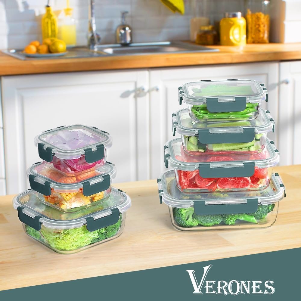 VERONES 30 Pieces Glass Meal Prep Containers Set, Airtight Glass Lunch Containers, Stackable Glass Food Storage Containers with Lids, for Microwave, Oven, Freezer  Dishwasher Friendly,Gray