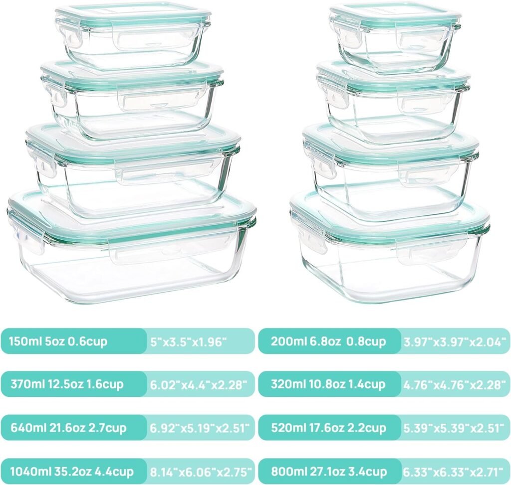 Vtopmart 15 Pack Glass Food Storage Containers, Meal Prep Containers, Airtight Glass Bento Boxes with Leak Proof Locking Lids, for Microwave, Oven, Freezer and Dishwasher