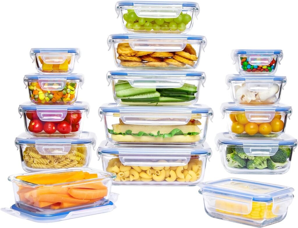 Vtopmart 15 Pack Glass Food Storage Containers, Meal Prep Containers, Airtight Glass Bento Boxes with Leak Proof Locking Lids, for Microwave, Oven, Freezer and Dishwasher