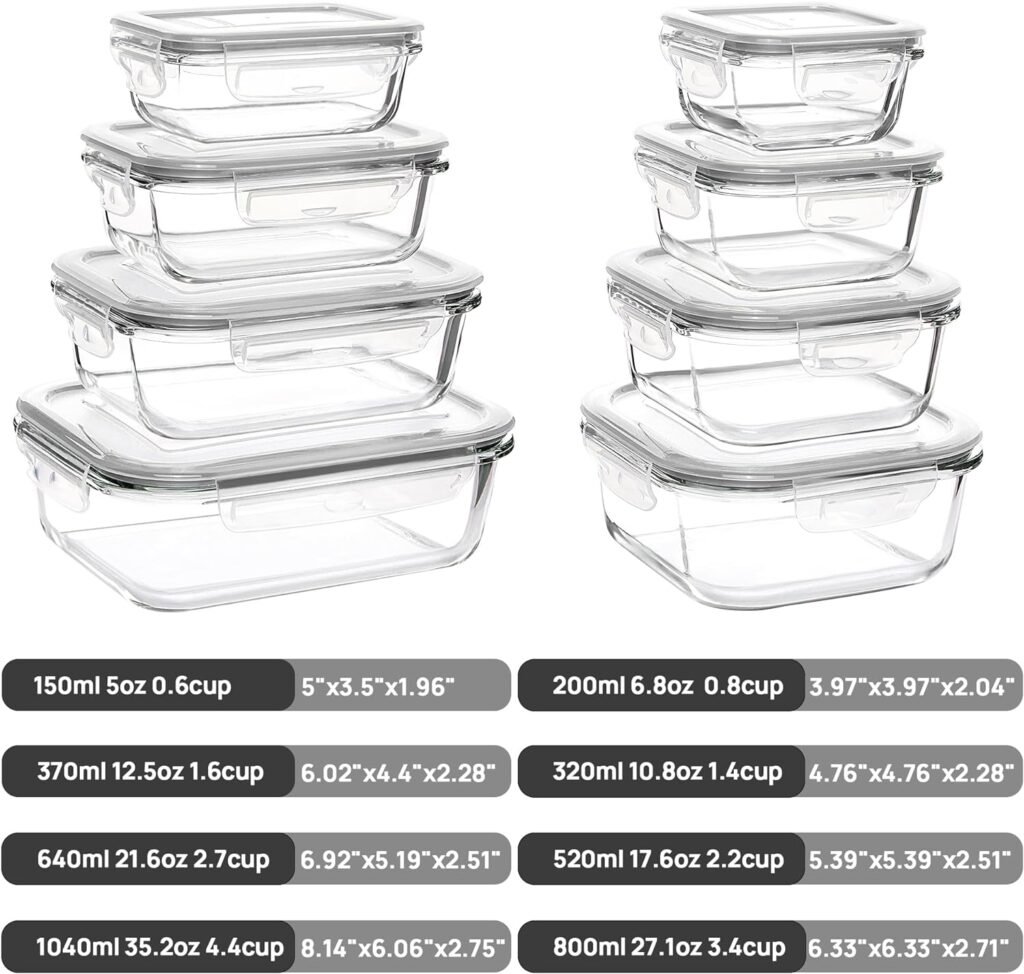 Vtopmart 15 Pack Glass Food Storage Containers, Meal Prep Containers, Airtight Glass Bento Boxes with Leak Proof Locking Lids, for Microwave, Oven, Freezer and Dishwasher