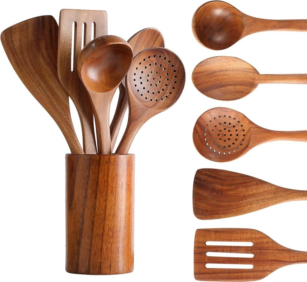 Wooden Spoons for Cooking, Tmkit Cooking Utensils Set of 6 Natural Teak Wooden Cooking Spatulas with Utensils Holder Comfort Grip Wooden Kitchen Utensils for Nonstick Cookware