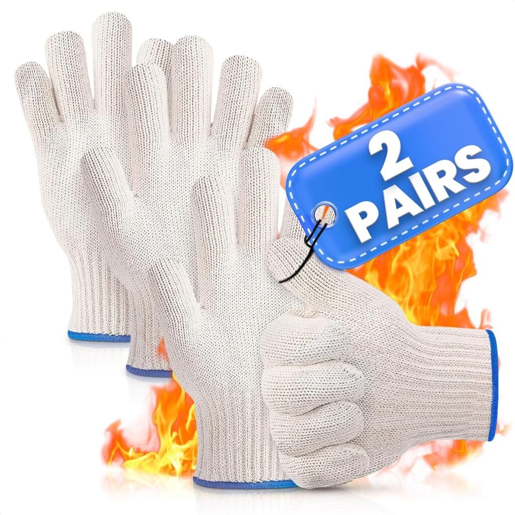 2Pair White Cotton Gloves for Cooking Prep - Heat Resistant Gloves for Cooking Mittens Grilling Gloves for Men BBQ Accessories Heated Mittens - Cotton BBQ Gloves for Hot Food Handling BBQ Essentials