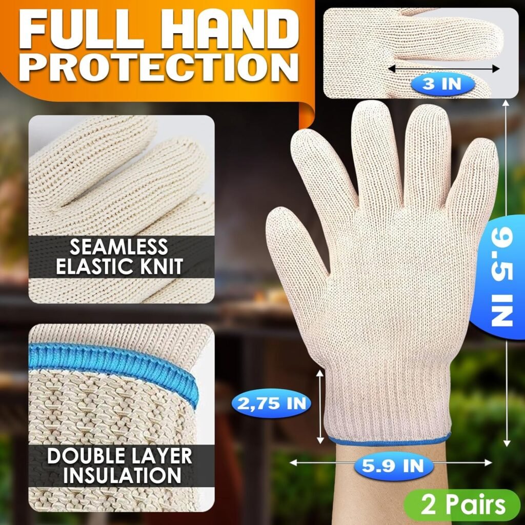 2Pair White Cotton Gloves for Cooking Prep - Heat Resistant Gloves for Cooking Mittens Grilling Gloves for Men BBQ Accessories Heated Mittens - Cotton BBQ Gloves for Hot Food Handling BBQ Essentials