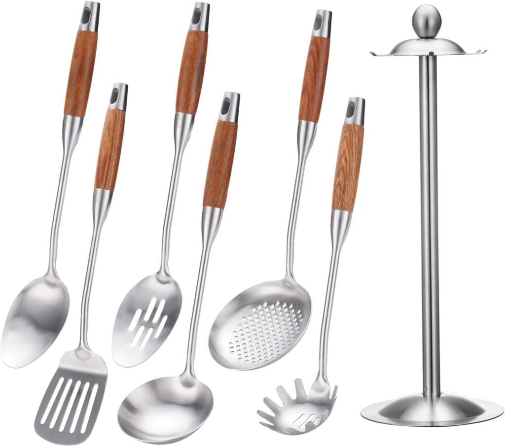 304 Stainless Steel Kitchen Utensils Set, 7 PCS Metal Cooking Tools with Wooden Handle - Rotating Holder Stand, Solid Spoon, Slotted Spoon, Slotted Spatula, Skimmer, Soup Ladle, Spaghetti Spoon