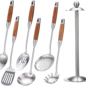 304 stainless steel kitchen utensils set 7 pcs metal cooking tools with wooden handle rotating holder stand solid spoon