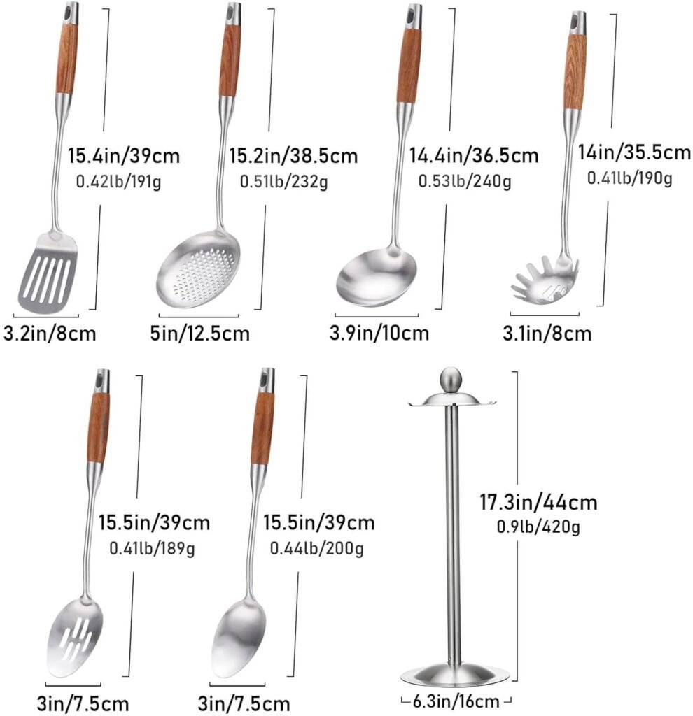 304 Stainless Steel Kitchen Utensils Set, 7 PCS Metal Cooking Tools with Wooden Handle - Rotating Holder Stand, Solid Spoon, Slotted Spoon, Slotted Spatula, Skimmer, Soup Ladle, Spaghetti Spoon