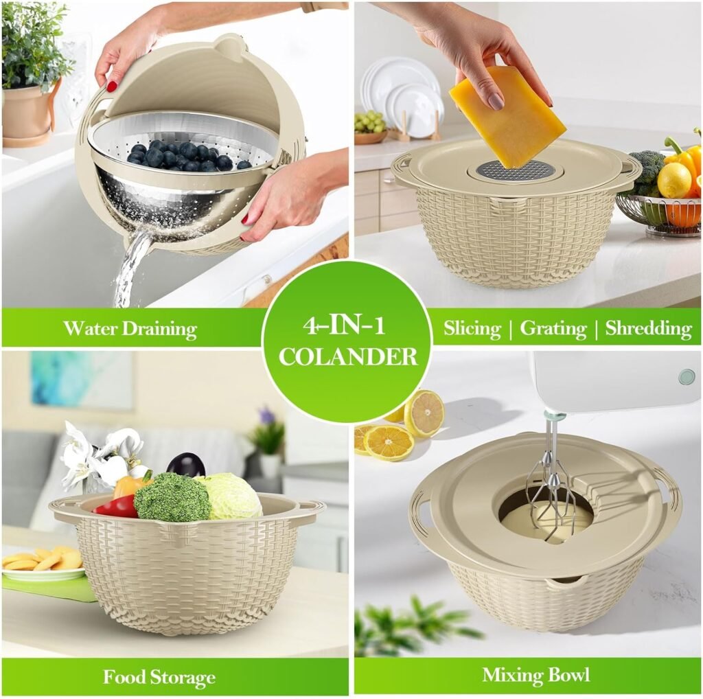 4-1 Colander with Mixing Bowl Set - for Kitchen, Food, Pasta And Rice Strainer, Fruit Cleaner, Veggie Wash, Salad Spinner, Apartment  Home Essentials - Beige