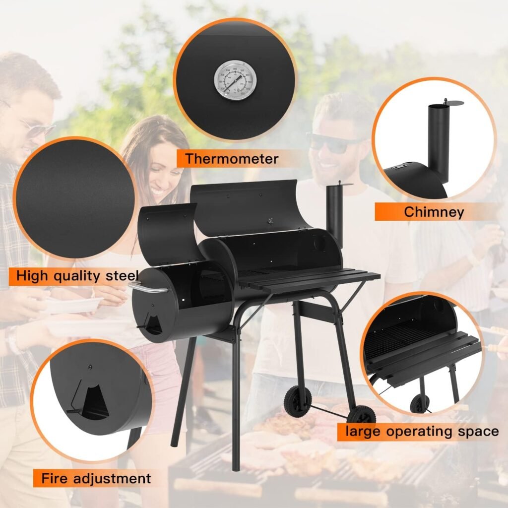 43-inch Charcoal Outdoor BBQ Grill - Portable Camping Grill for 6-10 People, Offset Smoker, Braised Roast, Patio and Backyard Picnic Grill