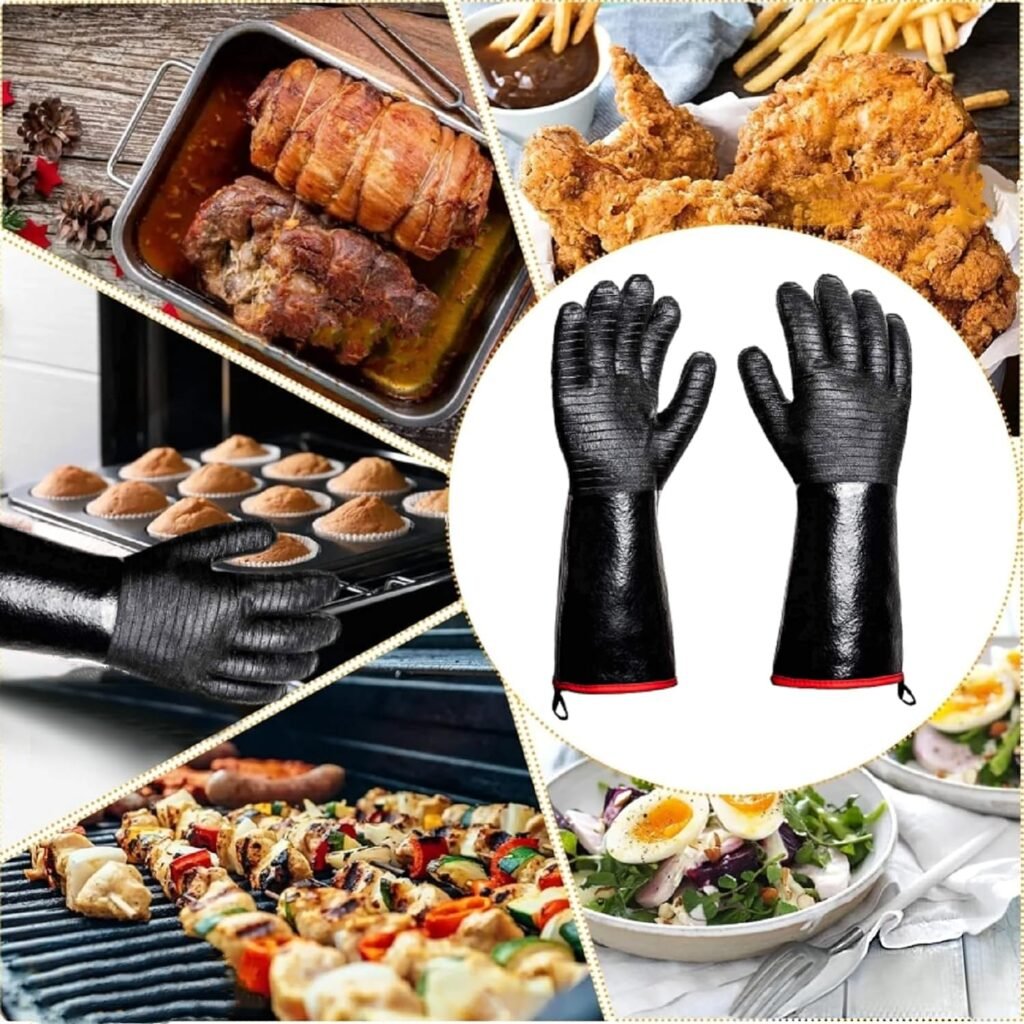 BBQ Gloves - 1472°F Thicken Heat Resistant Gloves w/S-Hook 14 in Kitchen Oven Mitts Waterproof Grill Gloves Oil Resistant Grilling Gloves Cooking Gloves for Turkey Fryer/Baking/Oven/Smoker