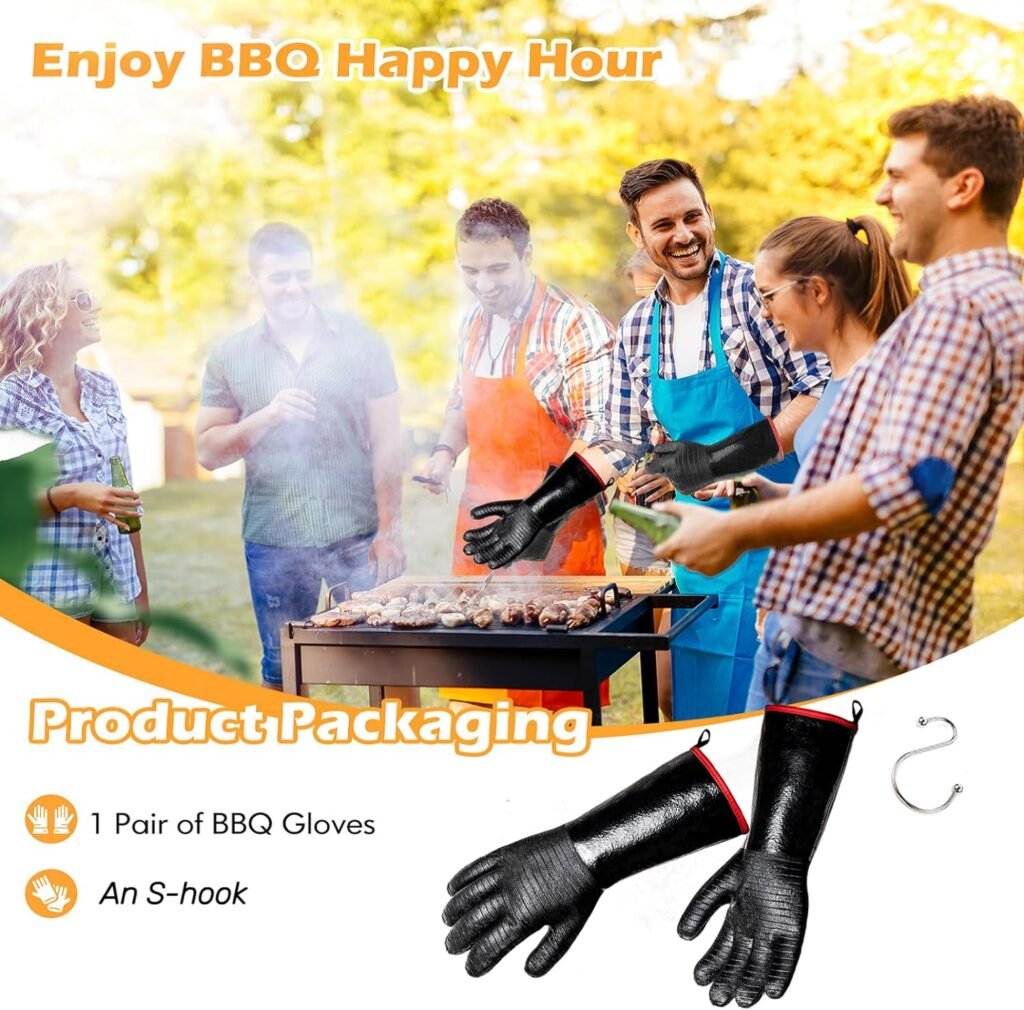 BBQ Gloves - 1472°F Thicken Heat Resistant Gloves w/S-Hook 14 in Kitchen Oven Mitts Waterproof Grill Gloves Oil Resistant Grilling Gloves Cooking Gloves for Turkey Fryer/Baking/Oven/Smoker