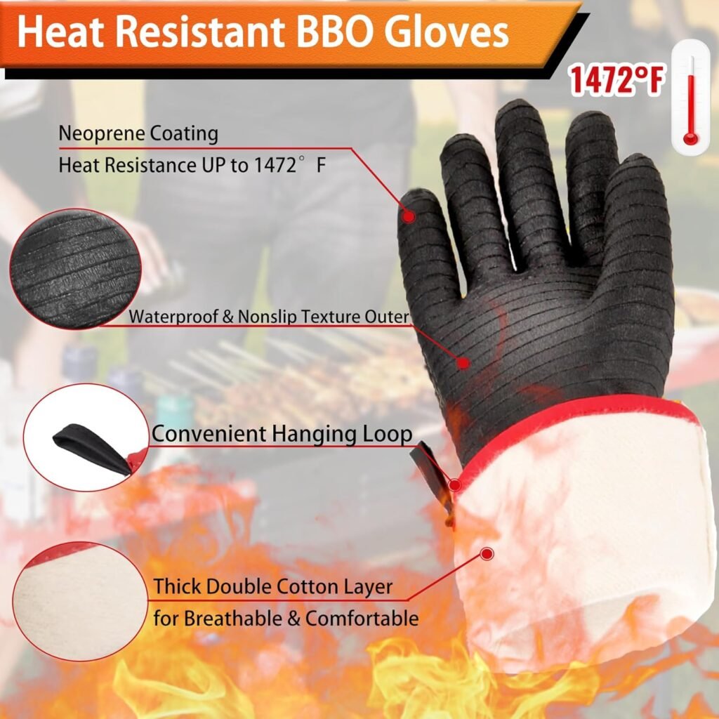 BBQ Gloves - 1472°F Thicken Heat Resistant Gloves w/S-Hook 14 in Kitchen Oven Mitts Waterproof Grill Gloves Oil Resistant Grilling Gloves Cooking Gloves for Turkey Fryer/Baking/Oven/Smoker