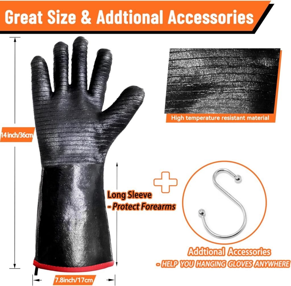 BBQ Gloves - 1472°F Thicken Heat Resistant Gloves w/S-Hook 14 in Kitchen Oven Mitts Waterproof Grill Gloves Oil Resistant Grilling Gloves Cooking Gloves for Turkey Fryer/Baking/Oven/Smoker