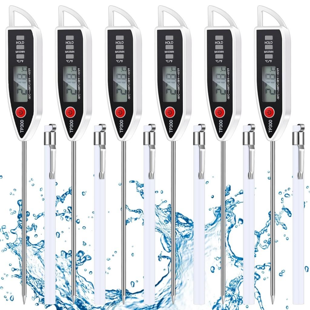 Copkim 6 Sets Waterproof Food Thermometer for Water, Liquid, Candle and Cooking Digital Meat Thermometer with Long Probe Instant Read Thermometer for Kitchen BBQ Grill Candy (White)