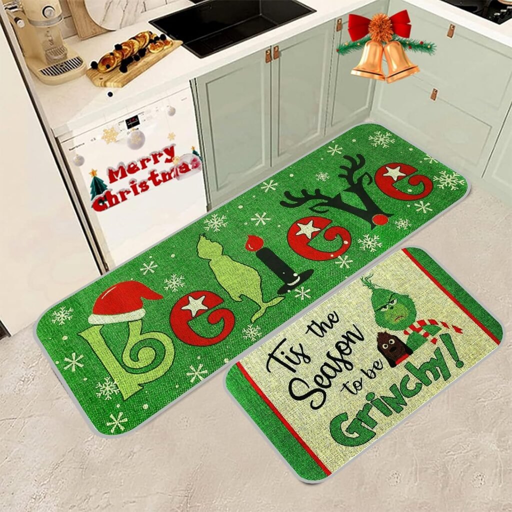 CZS Christmas Kitchen Rugs and Mats Set of 2, Christmas Kitchen Mats, Christmas Winter Holiday Party Low-Profile Kitchen Rugs for Home Kitchen, 17x29 and 17x47 Inch