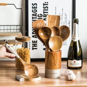 deluxe wooden cooking utensils set of 9 complete kitchen utensils for cooking with storage box spoon holder durable and 1 2