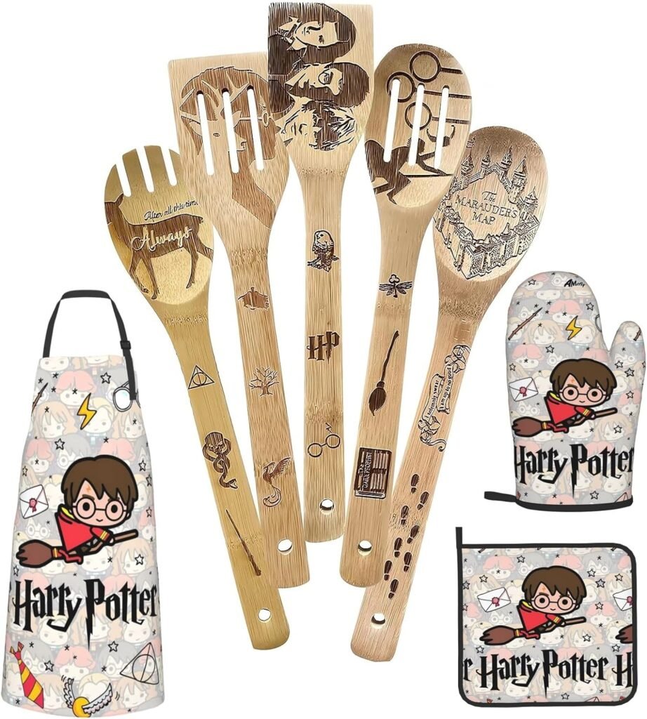 Harry Magic Kitchen Utensils Set Gifts for Mom Women Birthday Gift Cute Magic Wooden Cooking Spoons Set with Apron Oven Mitt Potholder Set Great Christmas Gift