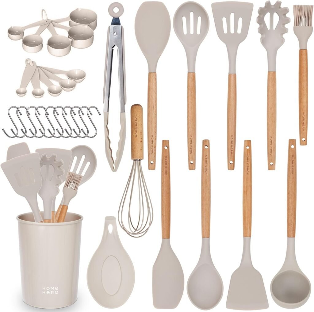 Home Hero 33 Pcs Silicone Kitchen Utensils Set, Non-Stick Silicone Cooking Utensils Set with Holder, Wooden Handle Spatula, Silicone Kitchen Gadgets Utensil Set (33 Pcs Set - Stone)