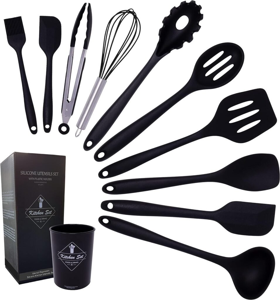 K  G Silicone Cooking Utensils Set 11 pcs Pink Kitchen Utensils Set with Holder, Spatula, Whisk, Tongs, Soup Ladle, Silicone Spoon  More. Non-Stick, Dishwasher Safe, Odorless, Cookware Set Friendly