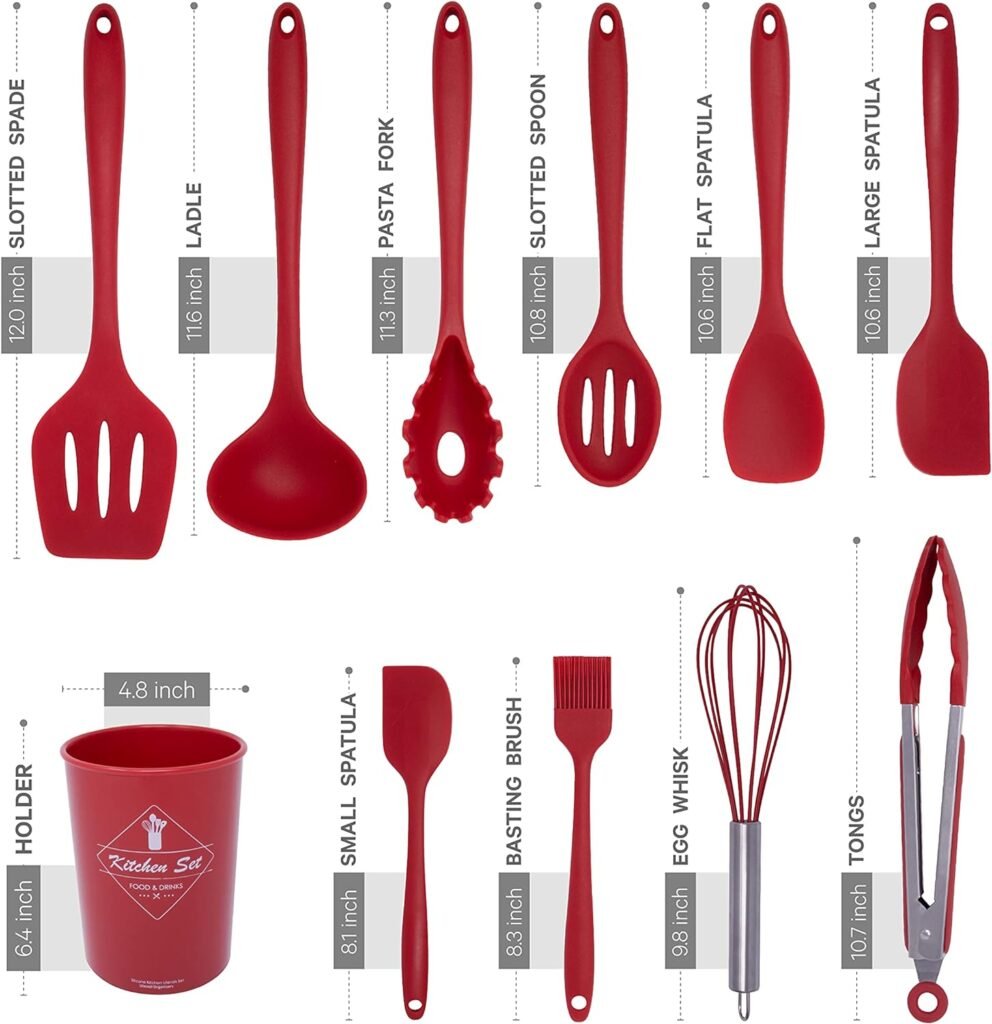 K  G Silicone Cooking Utensils Set 11 pcs Pink Kitchen Utensils Set with Holder, Spatula, Whisk, Tongs, Soup Ladle, Silicone Spoon  More. Non-Stick, Dishwasher Safe, Odorless, Cookware Set Friendly