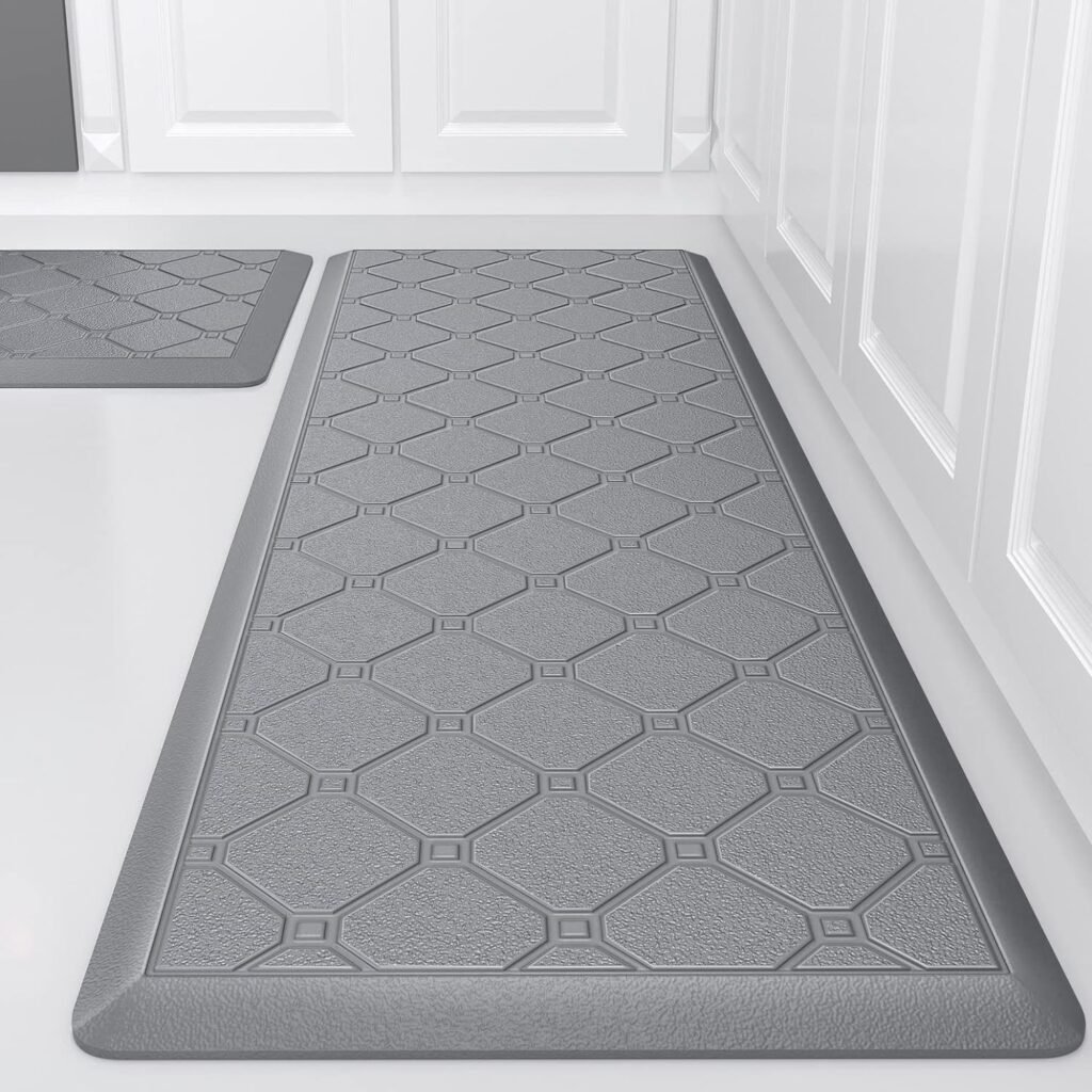 Kitchen Mats 2 PCS Cushioned Anti Fatigue Rugs and Mat, 1/2 Inch Thick Waterproof Non Slip Rug Set, PVC Non Skid Comfort Cushion Mat for Kitchen Floor Sink Office Laundry, Grey