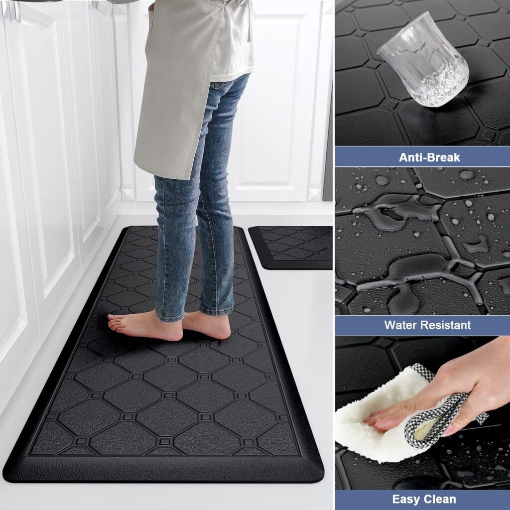 Kitchen Mats 2 PCS Cushioned Anti Fatigue Rugs and Mat, 1/2 Inch Thick Waterproof Non Slip Rug Set, PVC Non Skid Comfort Cushion Mat for Kitchen Floor Sink Office Laundry, Grey