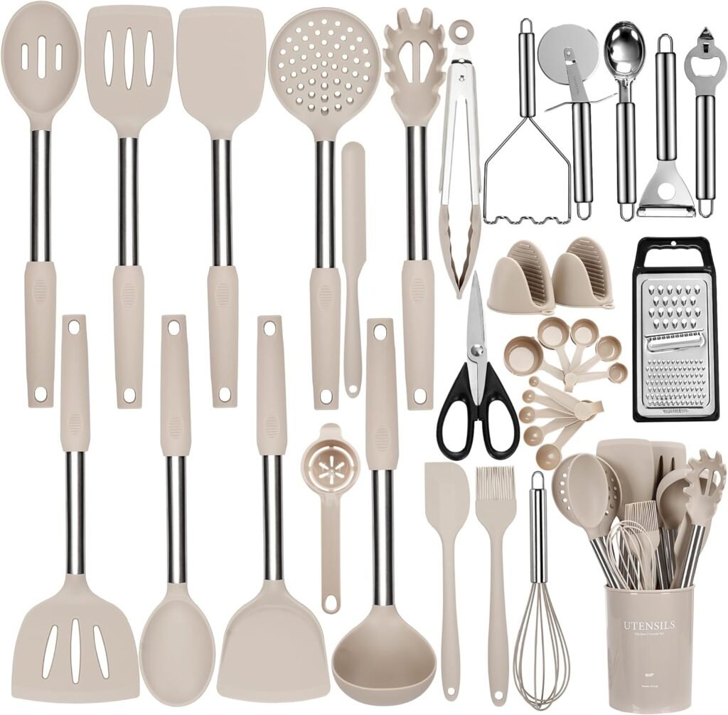 Kitchen Utensils Set, 35 Pcs Silicone Cooking Utensils Set with Holder, with Stainless Steel Handle Spatula Set, Spoons, Pasta Server, Cheese Grater, Masher, Scissors, Dishwasher Safe (Khaki)