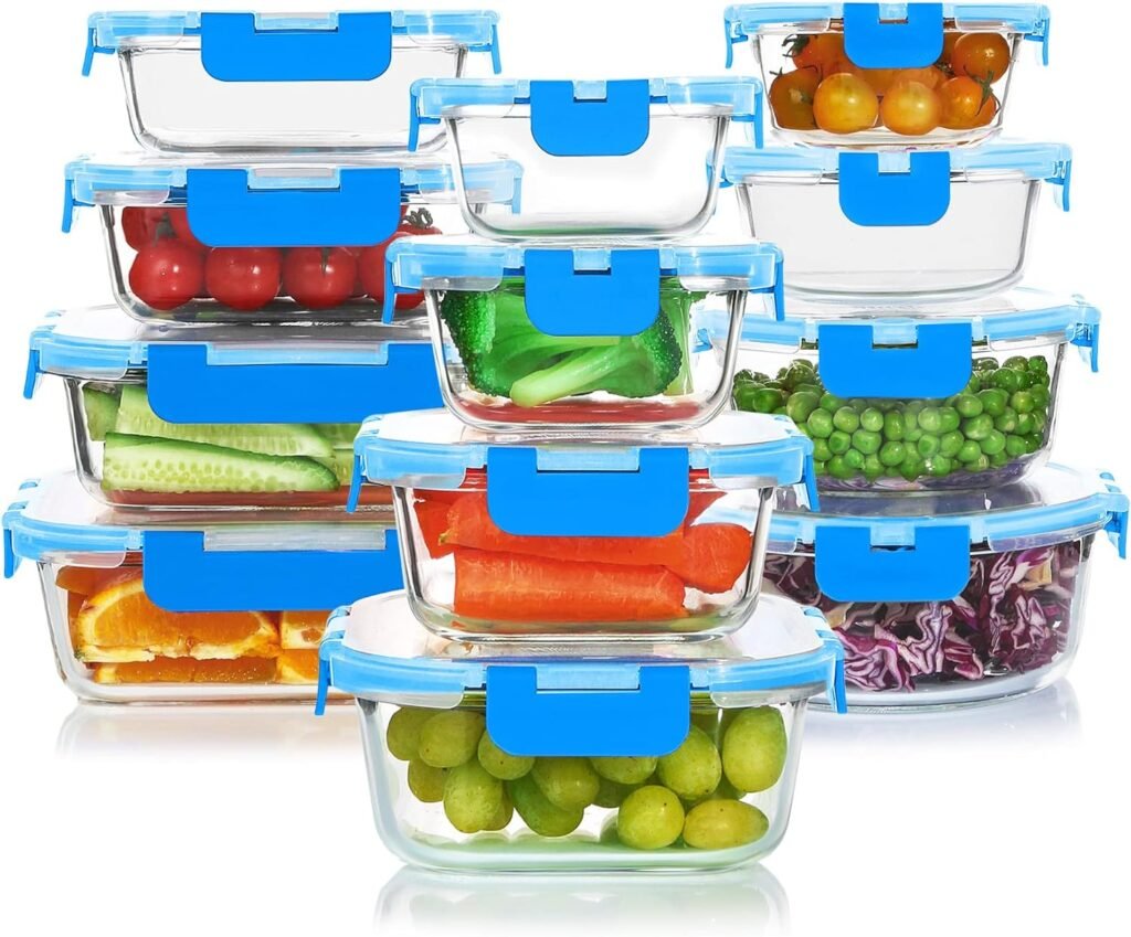 KOMUEE 24 Pieces Glass Food Storage Containers Set,Glass Meal Prep Containers Set with Lids-Stackable Airtight Glass Storage Containers with lids,BPA Free,Freezer to Oven Safe,Blue