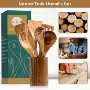 natural teak wood kitchen utensils with spatula and ladle 10 2