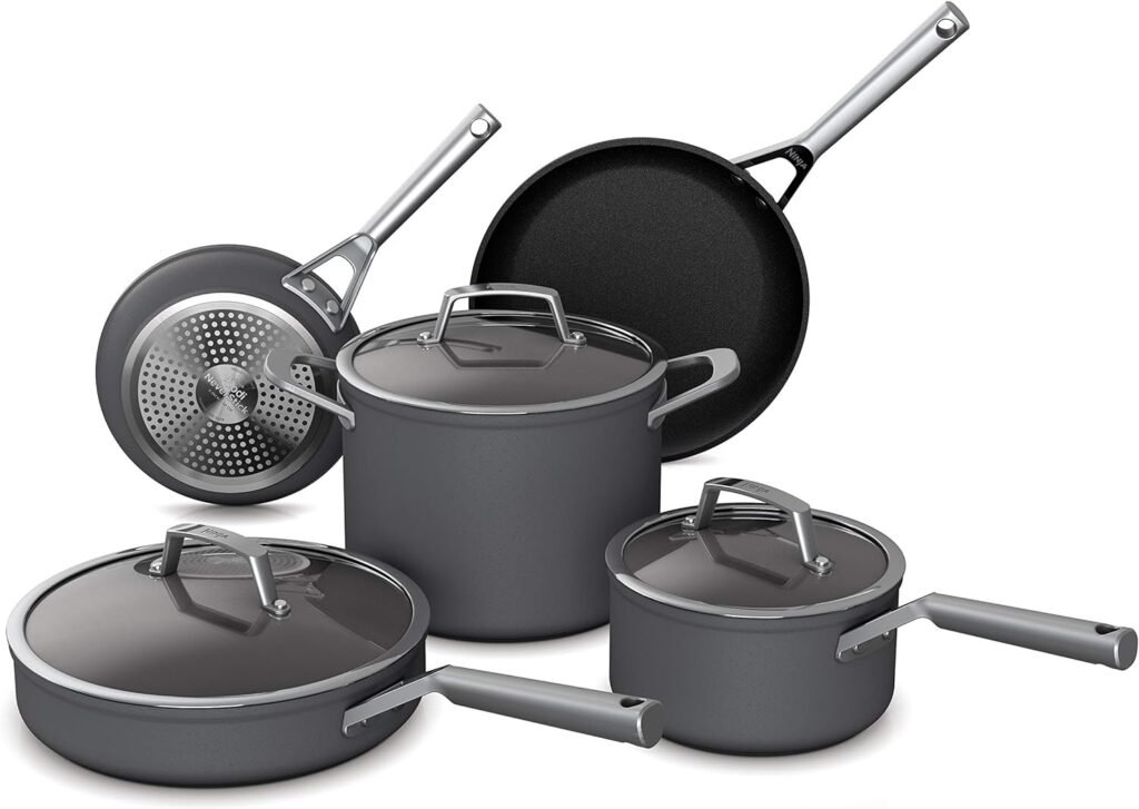 Ninja C38000 Foodi NeverStick Premium 8-Piece Cookware Set with Glass Lids, Hard-Anodized, Nonstick, Durable  Oven Safe to 500°F, Slate Grey