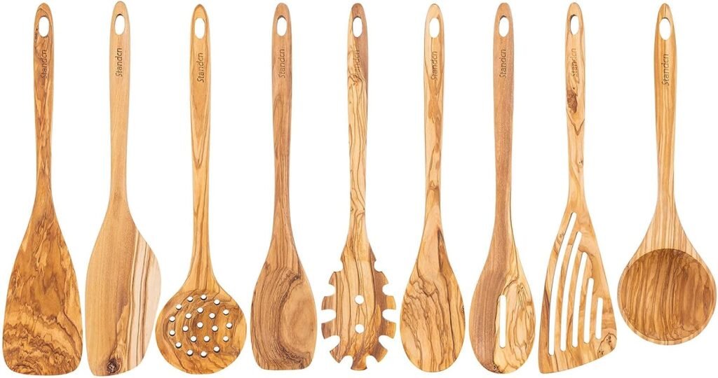 Olive Wood Kitchen Utensils Set - 9 PCS Natural Olive Wood Cooking Tools with Flat Spatula, Curved Spatula, Slotted Spatula, Spaghetti Spoon, Salad Spoon, Solid Spoon, Slotted Spoon, Lalde, Skimmer