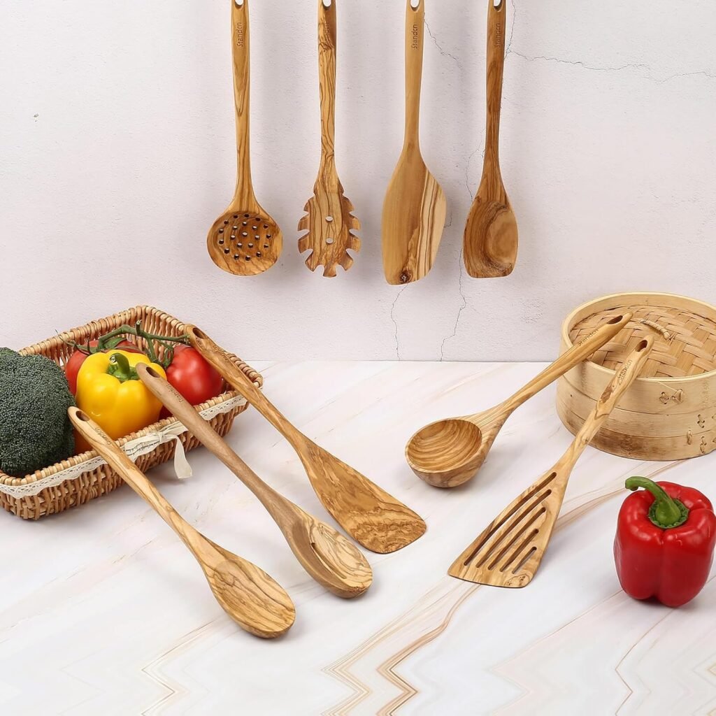 Olive Wood Kitchen Utensils Set - 9 PCS Natural Olive Wood Cooking Tools with Flat Spatula, Curved Spatula, Slotted Spatula, Spaghetti Spoon, Salad Spoon, Solid Spoon, Slotted Spoon, Lalde, Skimmer