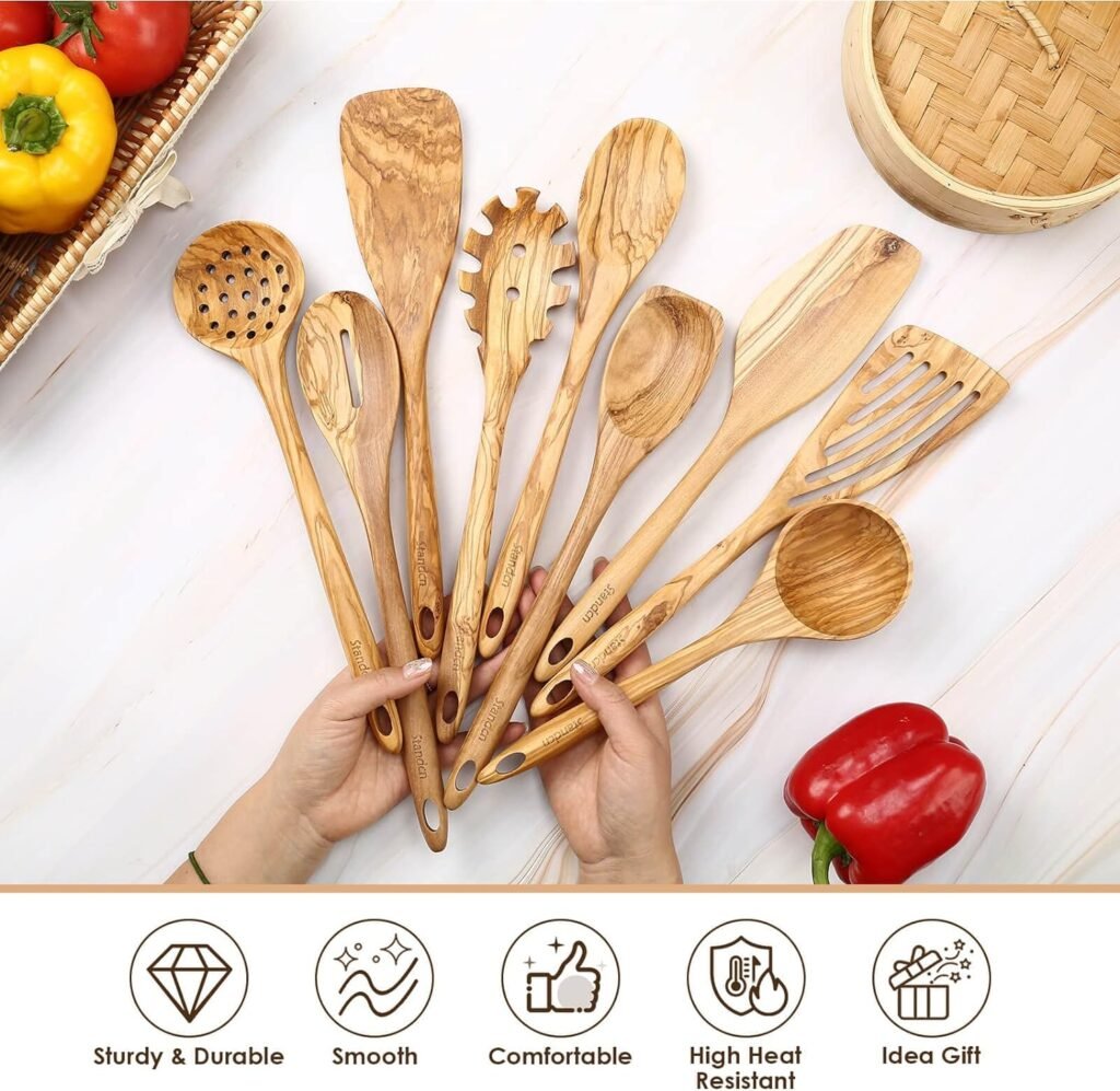 Olive Wood Kitchen Utensils Set - 9 PCS Natural Olive Wood Cooking Tools with Flat Spatula, Curved Spatula, Slotted Spatula, Spaghetti Spoon, Salad Spoon, Solid Spoon, Slotted Spoon, Lalde, Skimmer