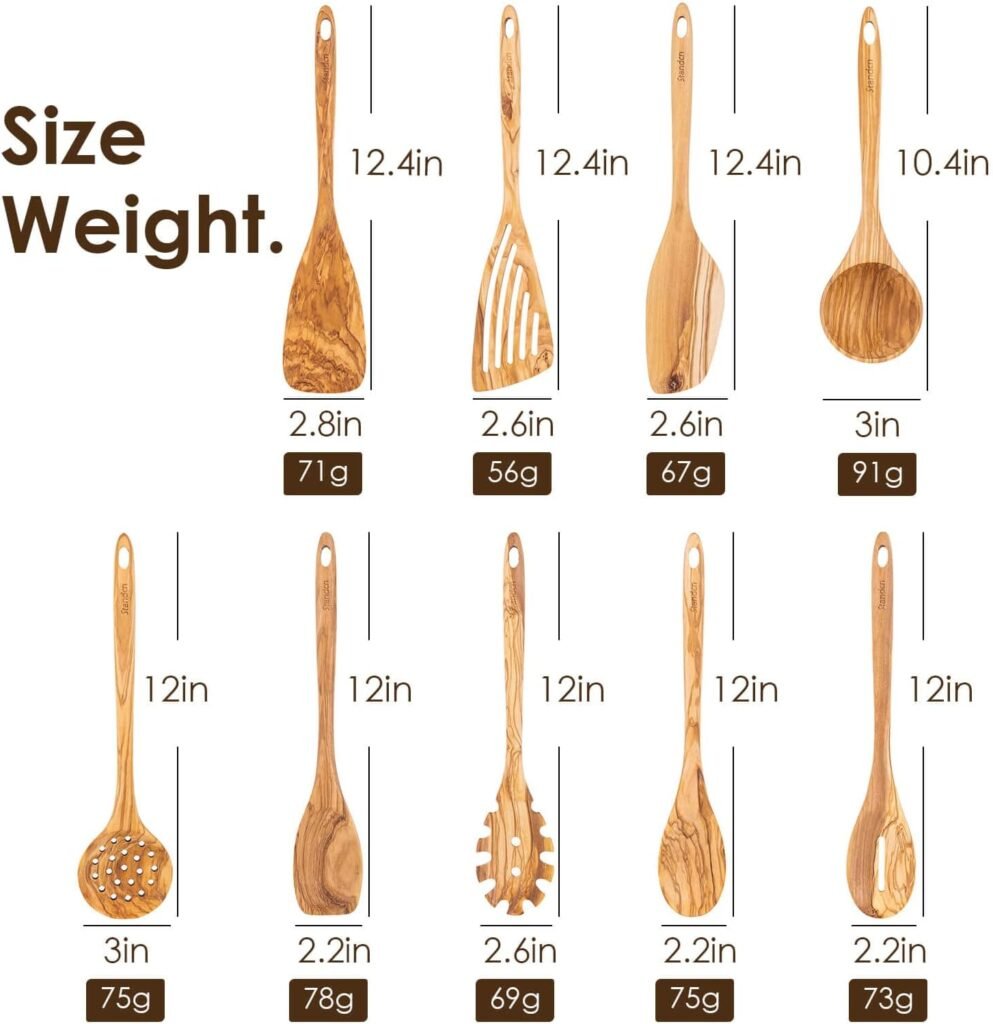 Olive Wood Kitchen Utensils Set - 9 PCS Natural Olive Wood Cooking Tools with Flat Spatula, Curved Spatula, Slotted Spatula, Spaghetti Spoon, Salad Spoon, Solid Spoon, Slotted Spoon, Lalde, Skimmer