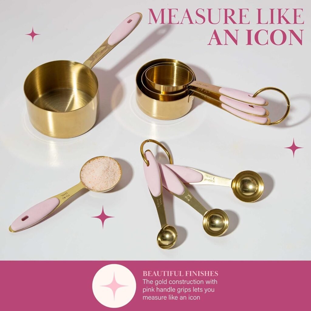 Paris Hilton Measuring Cups and Spoons Set, Stainless Steel with Pink Silicone Inset Handle, Dishwasher Safe, For Dry and Liquid Ingredients, 8-Piece Set, Gold and Pink