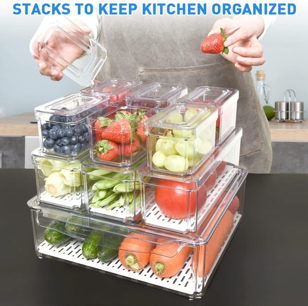 Pomeat 10 Pack Fridge Organizer, Stackable Refrigerator Organizer Bins with Lids, BPA-Free Produce Fruit Storage Containers for Storage Clear for Food, Drinks, Vegetable Storage