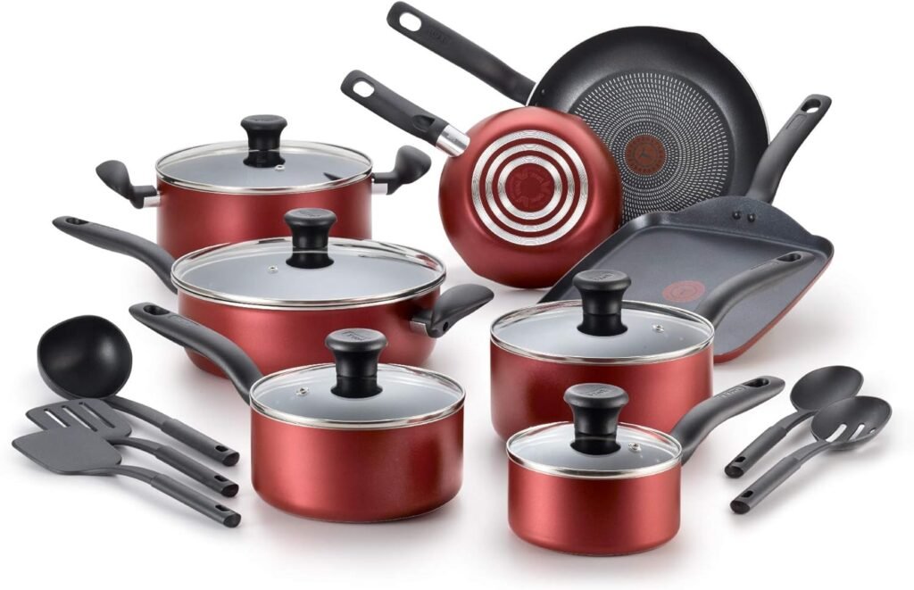 T-fal Initiatives Nonstick Cookware Set 18 Piece Oven Safe 350F Pots and Pans, Dishwasher Safe Red