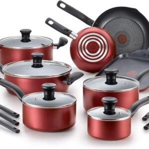 t fal initiatives nonstick cookware set 18 piece oven safe 350f pots and pans dishwasher safe red