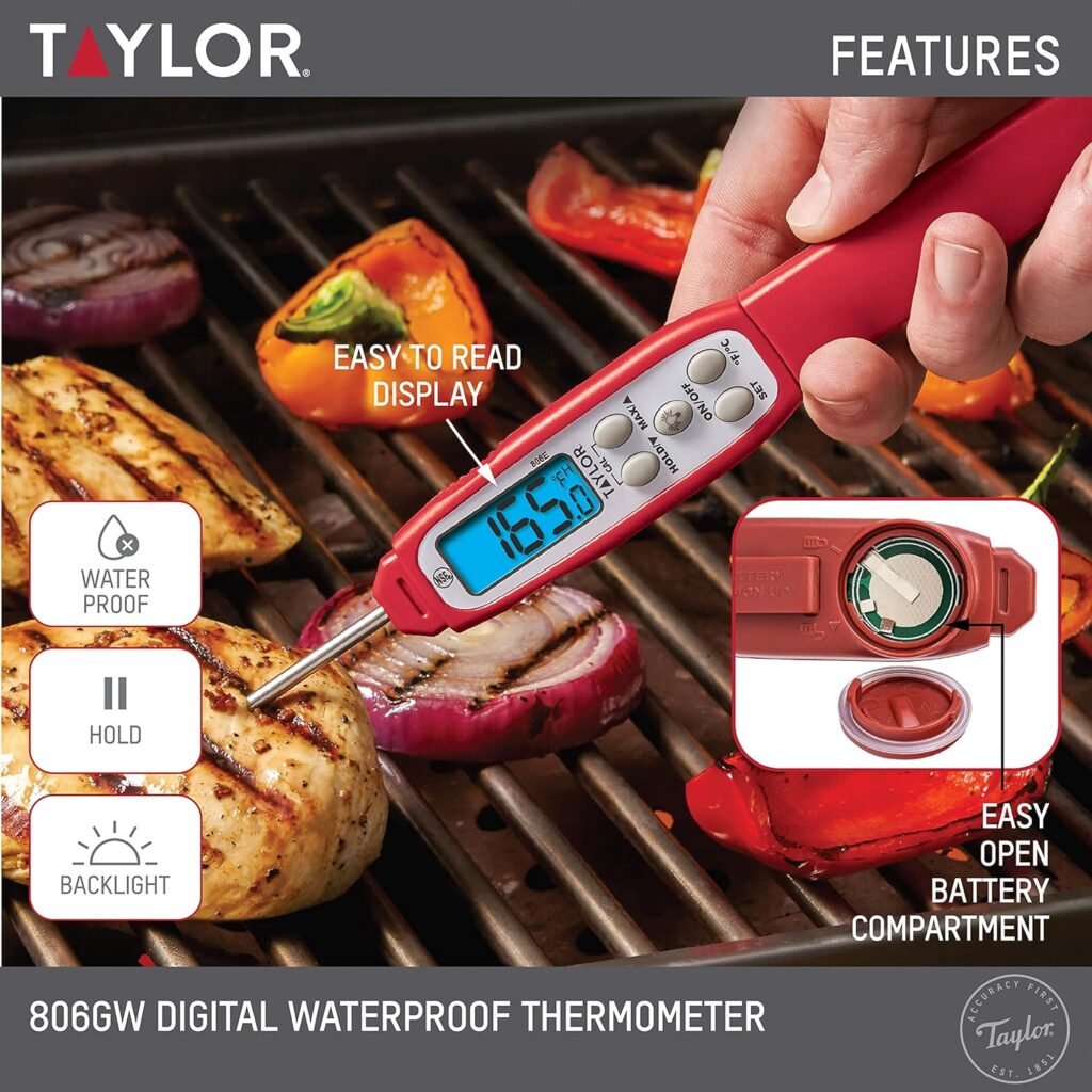 Taylor 9847 Waterproof Digital Instant Read Meat Food Grill BBQ Kitchen Cooking Thermometer, Comes with Sleeve Extender and Lanyard