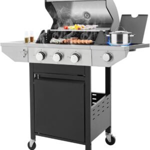 unovivy 3 burner propane gas bbq grill with side burner porcelain enameled cast iron grates built in thermometer 37000 b