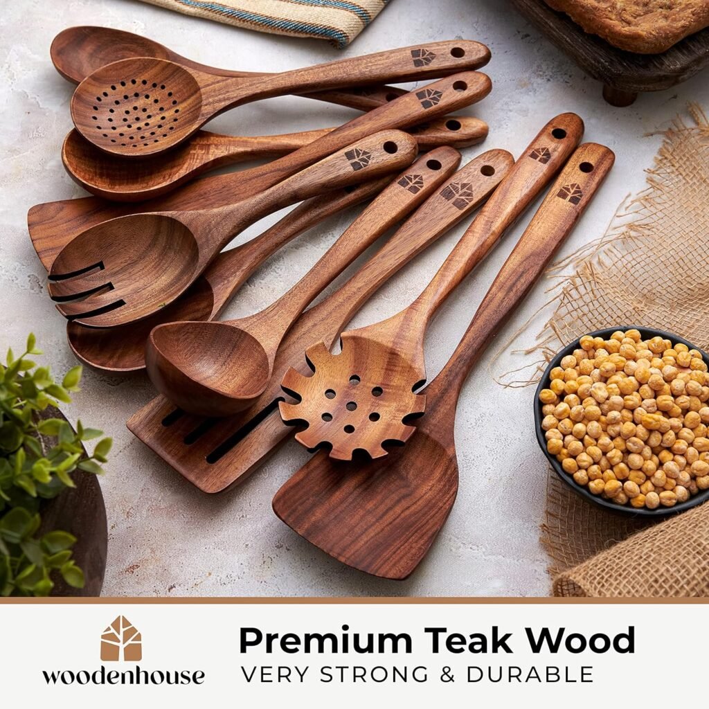 Wooden Spoons for Cooking, 10 Pcs Teak Wood Cooking Utensil Set – Wooden Kitchen Utensils for Nonstick Pans  Cookware – Sturdy, Lightweight  Heat Resistant