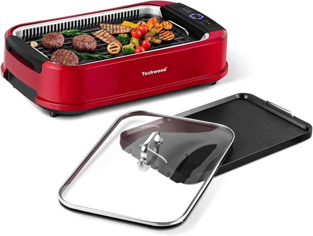 Indoor Smokeless Grill, Techwood 1500W Electric Indoor Grill with Tempered Glass Lid, Portable Non-stick BBQ Korean Grill, Turbo Smoke Extractor Technology, Drip Tray Double Removable Plate, Red